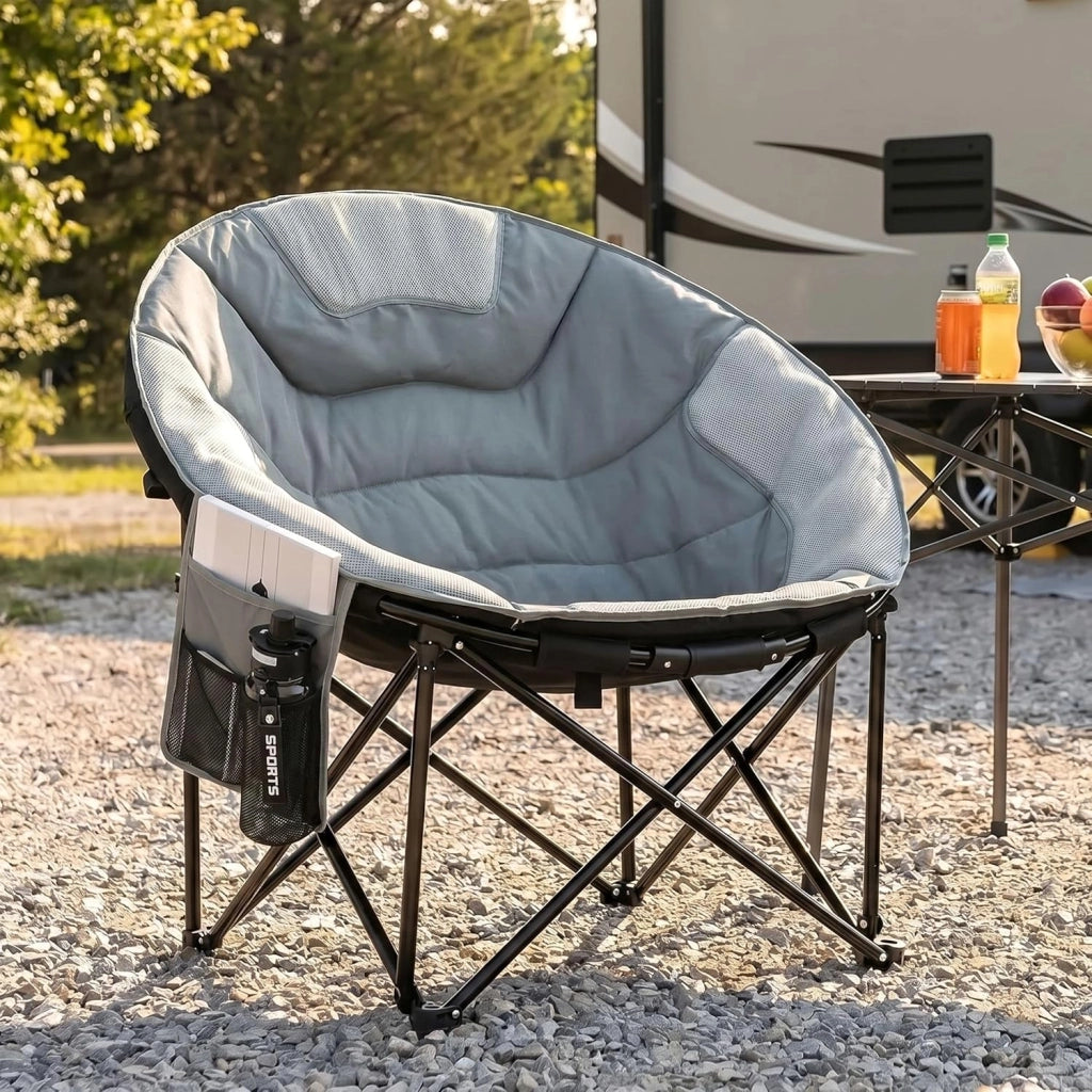 Sedia Pieghevole da Campeggio 150KG, Sedia da Campo Portatile, Moonchair XXL, con rete traspirante, Tasca Laterale, borsa per il trasporto, per Giardino, Spiaggia, Trekking, Pesca, Grigio