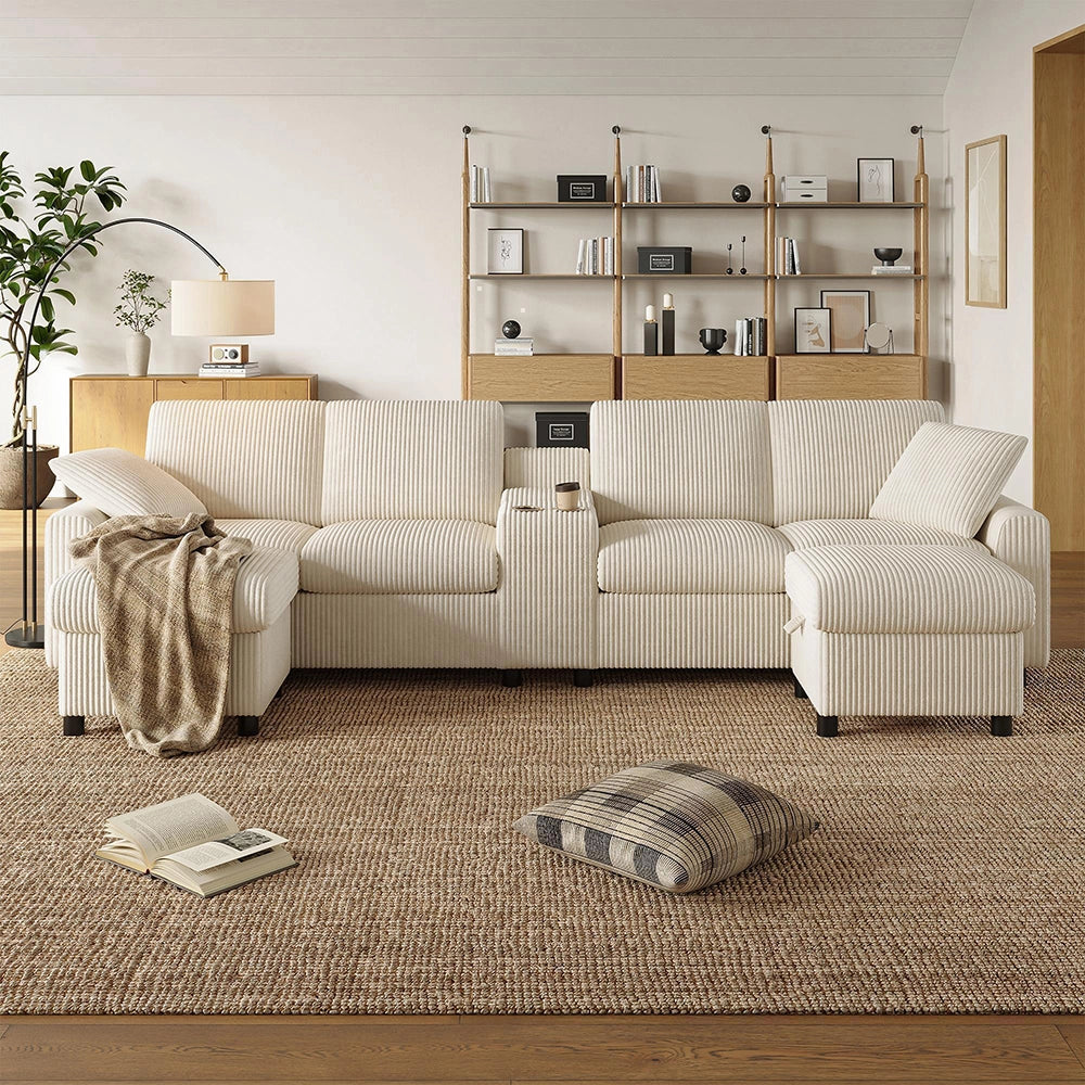 Divano a U in velluto - Xylo - Con 2 poggiapiedi, USB, Type-C, beige (315cm)
