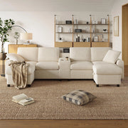 Divano a U in velluto - Xylo - Con 2 poggiapiedi, USB, Type-C, beige (315cm)