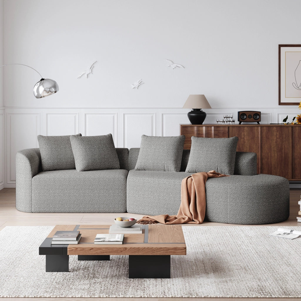 Divano Angolare in Velluto con Cuscini ¨C MINIMAL ¨C 4 Posti, Chaise Longue, Grigio