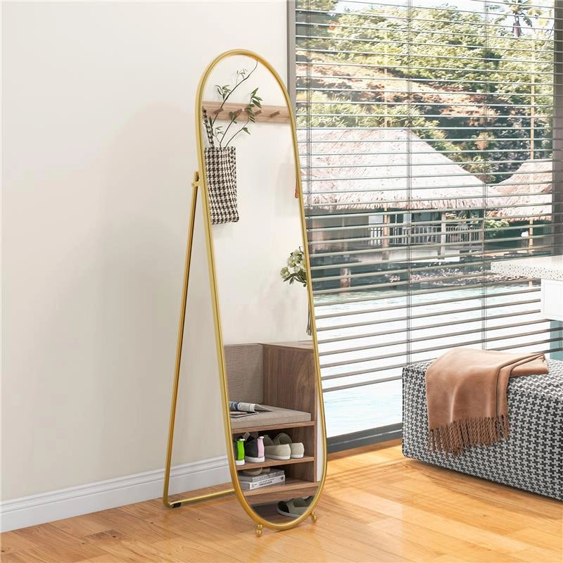 SPECCHIO VERTICALE OVALE DA TERRA CON SUPPORTO, IN VETRO E METALLO, 40X41X159 CM, TONALITÓ ORO
