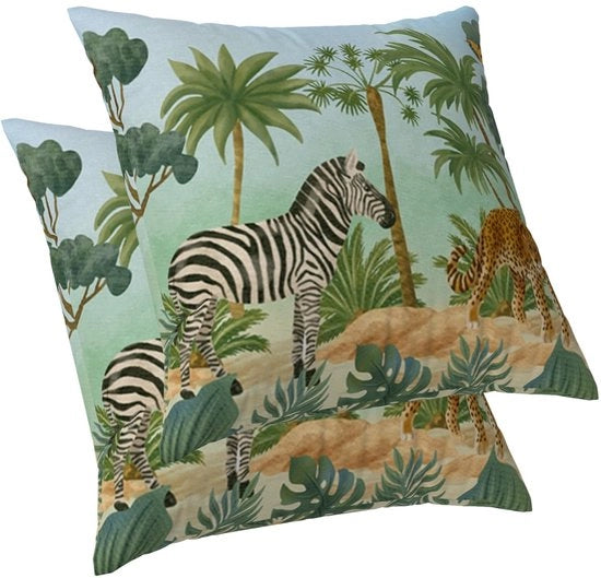 Set di cuscini a forma di slitta da 2 pezzi - Animali della giungla/leopardo - Palma tropicale - Acquerello - 50 x 50 cm - Materiale ecosostenibile - Coperture per cuscini