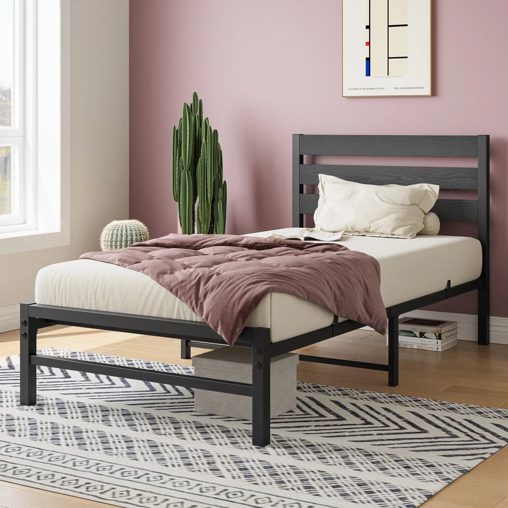 Letto singolo in metallo nero 90x200 cm con testiera MDF e rete a doghe