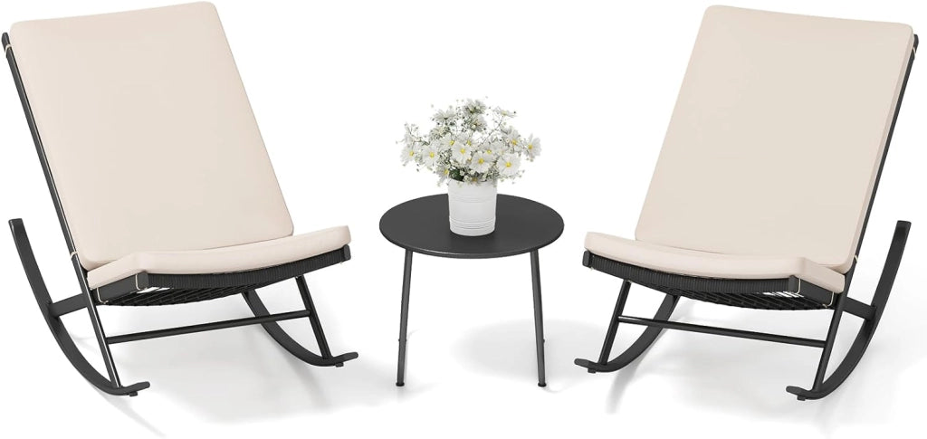 Set di Bistro 3 Pezzi, Sedie a Dondolo da Esterno in Rattan con Tavolino da Caffè, Set di Mobili da Conversazione per Veranda con Cuscini in Cotone per Giardino, Balcone, Bordo Piscina