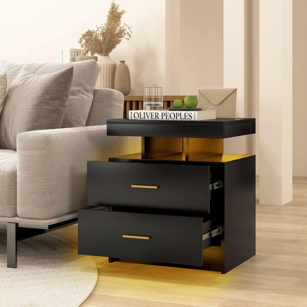 Comodino con Luci LED 50x40x58cm, Tavolino Camera da Letto Moderno con 2 Cassetti, Mobile Cameratta con Telecomando per Soggiorno e Ufficio (Nero)