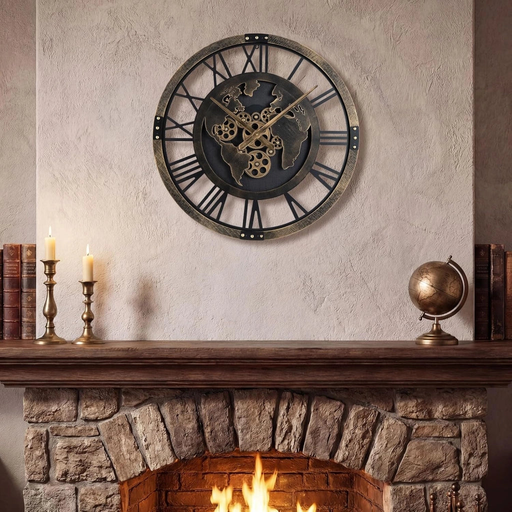 Grande Orologio da Parete 68 cm, Orologio a Ingranaggi con Mappa del Mondo, Orologio in Metallo Decorativo Silenzioso con Ingranaggi Mobili, per Soggiorno Camera da Letto Cucina
