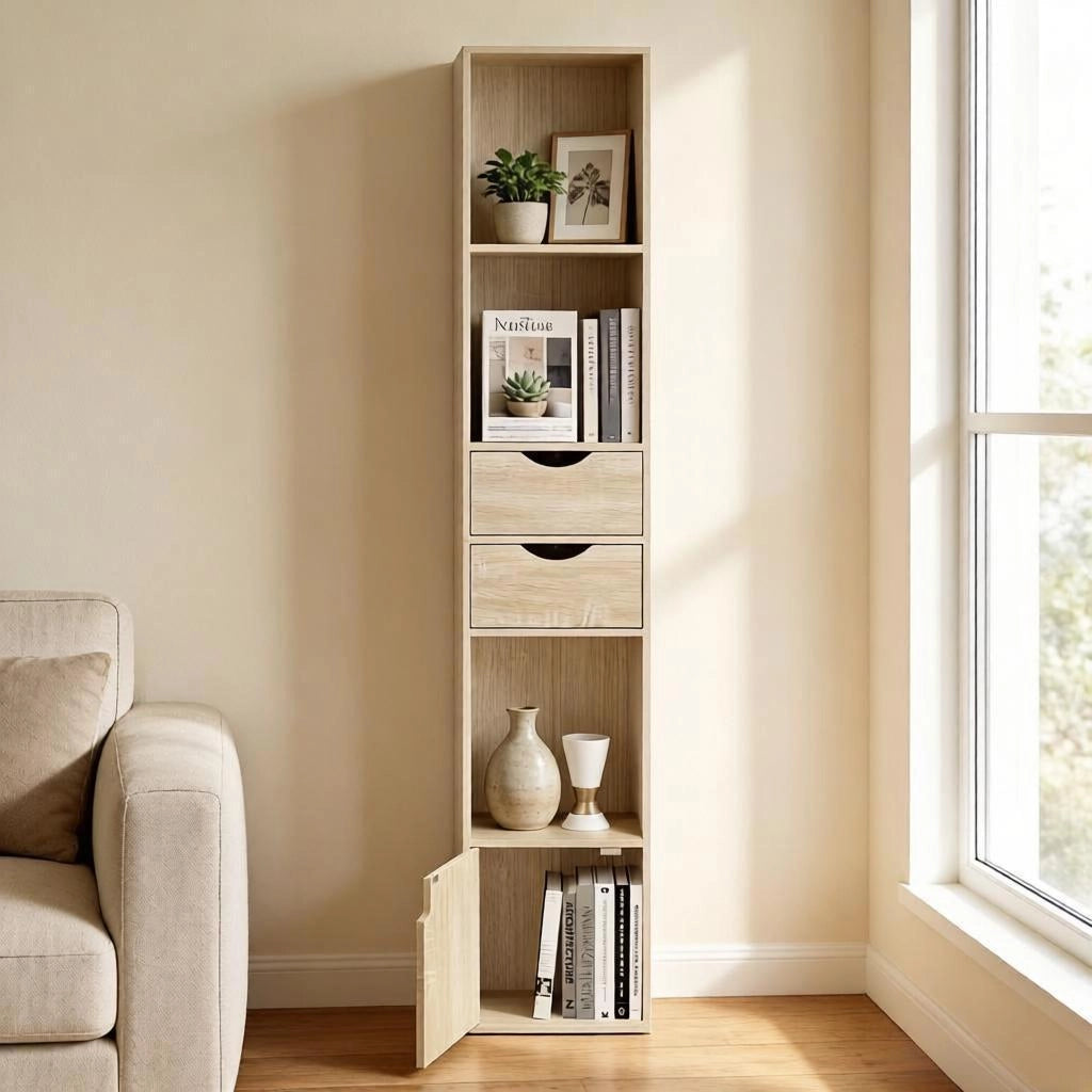 Libreria con 3 vani aperti 2 cassetti e anta, per soggiorno, in legno rovere chiaro 30 × 157,5 × 24 cm