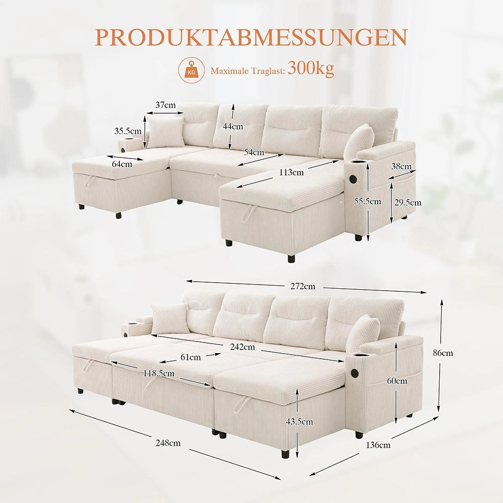 Canap¨¦ moderno in velluto per 4 persone - Xylo - Divano letto con chaise longue, vano portaoggetti e porte USB