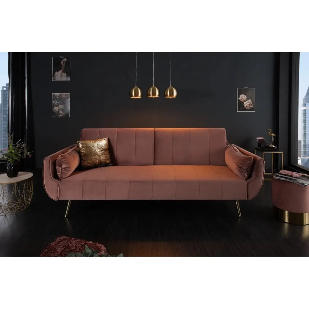 Divano dritto DANNA rosa cipria – Divano scandinavo trasformabile in velluto con piedi in metallo