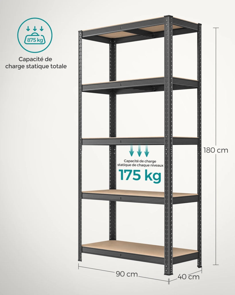 Scaffalatura metallica per carichi pesanti 180 x 90 x 40 cm 5 ripiani portata totale 875 kg (175 kg/ripiano) ripiani regolabili per garage/cantina grigio 12_0...
