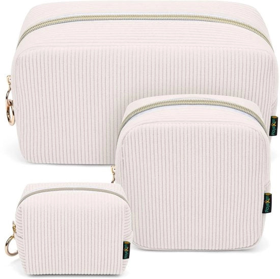 Set di Tasca di Maquillage - Organizzatore di Cosmetici - Ideale per Viaggi - 3 Pezzi - Corduroy Beige - Alta Qualità