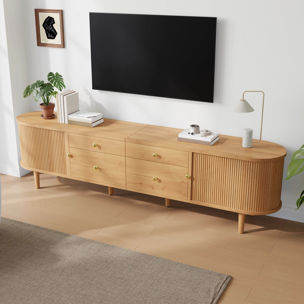 Mobile TV con 2 ante scorrevoli; 4 cassetti; 5 piedini in legno; per soggiorno; 180 × 35 × 50 cm; naturale