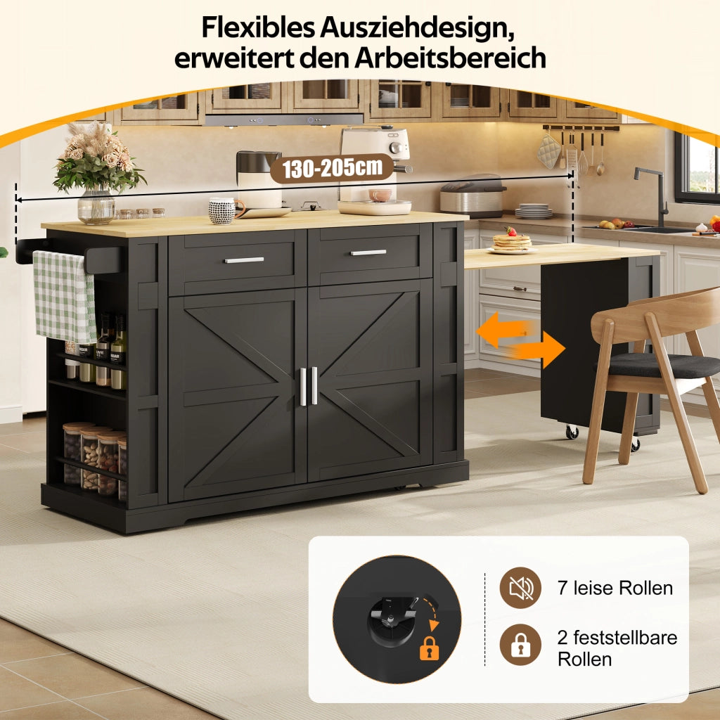 ISOLA DA CUCINA 130/205x50x93 cm con piano estraibile MDF Nero/Naturale