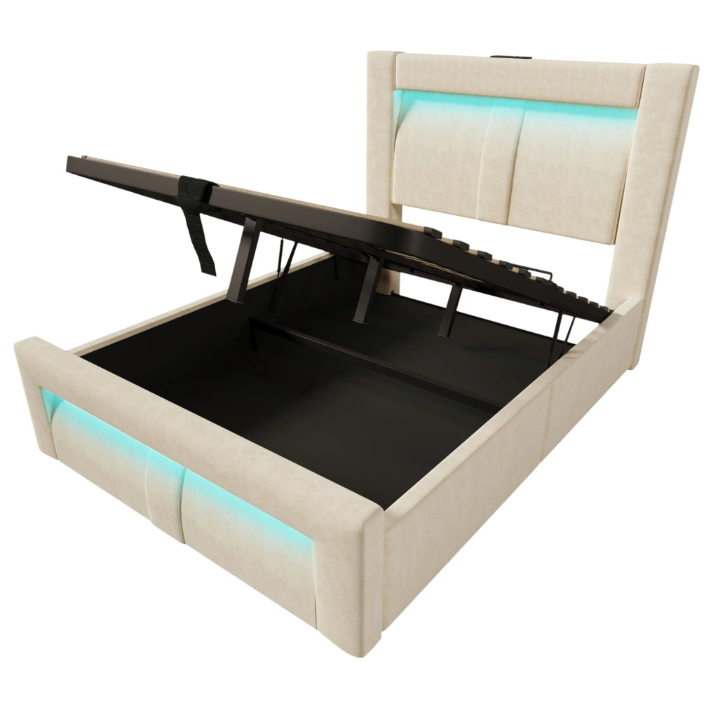 Letto singolo 90x200 cm con contenitore; LED; USB e Type-C; in velluto beige