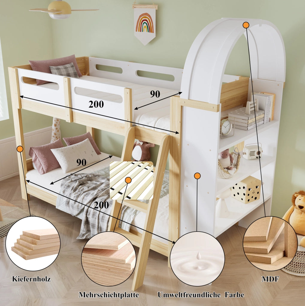 Letto a castello per bambini 90x200 cm con scaffale