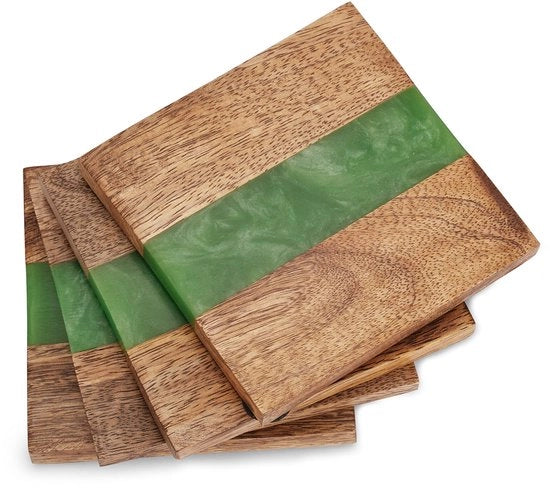 Onderzetters in Legno per Bicchieri con Custodia da 4 Fatto a Mano in Legno e Resina Protezione Decorativa Quadrata Verde per Bicchieri e Piatti per Casa Cucina Ufficio e Bar Decorazione