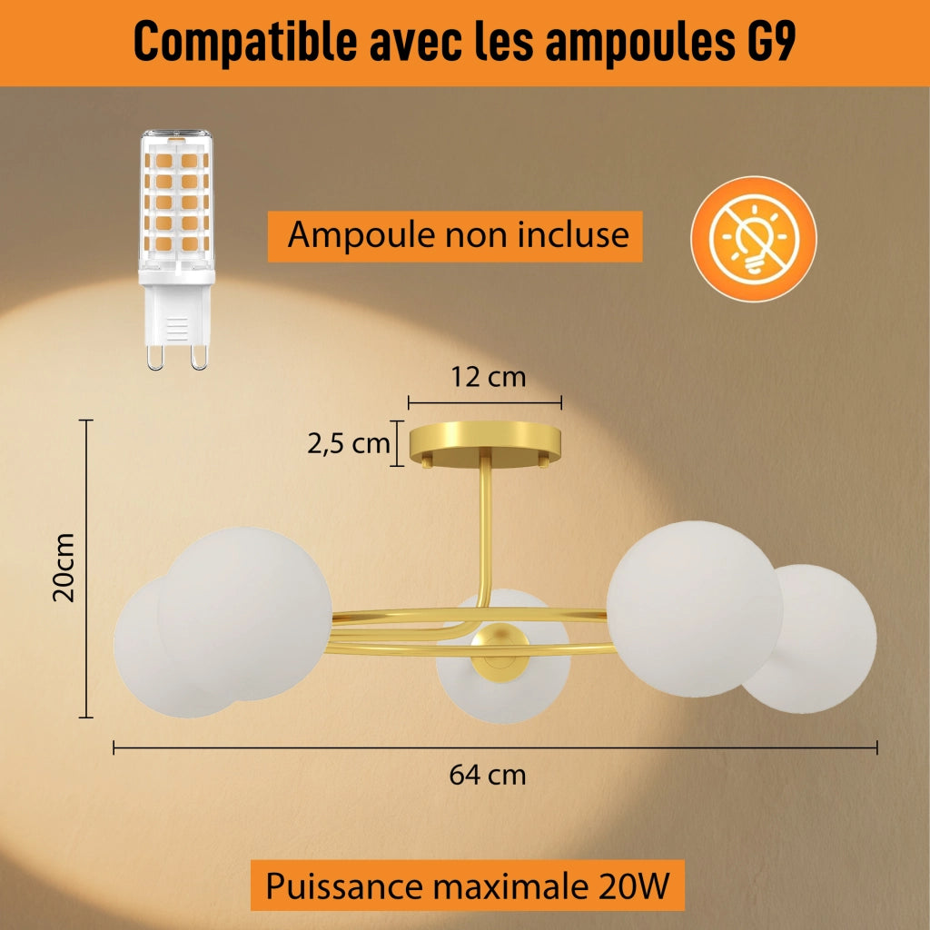 Lampadario moderno semincasso ¨C Xylo ¨C 5 luci G9 oro bianco