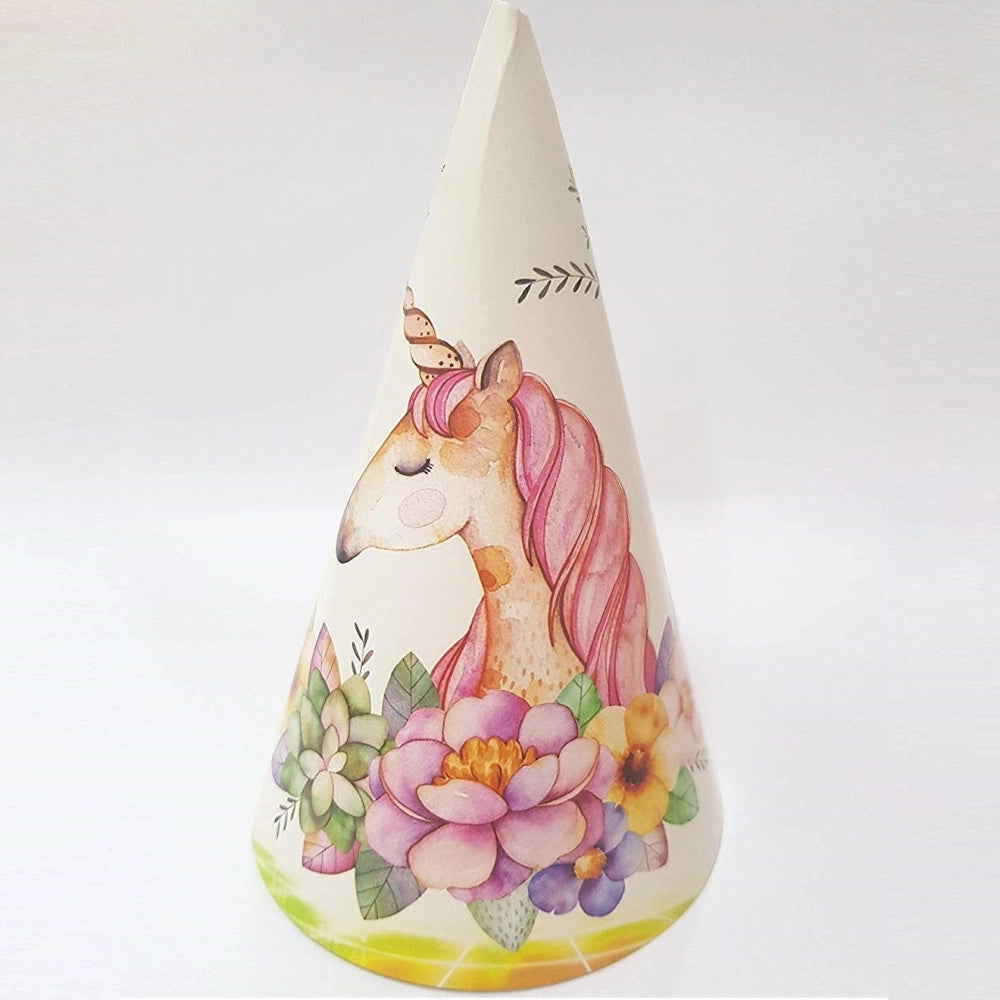 Trade Shop - Set 18 Pezzi Cappello Cono Unicorno Fiori Cappellino In Carta Monouso Festa -