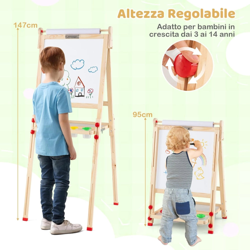 3 in 1 Cavalletto per Bambini, Cavalletto Artistico in Legno con Doppia Faccia Magnetico, Lavagna Bianca, Lavagna Nera e Rotolo di Carta, Pieghevole e Altezza Regolabile