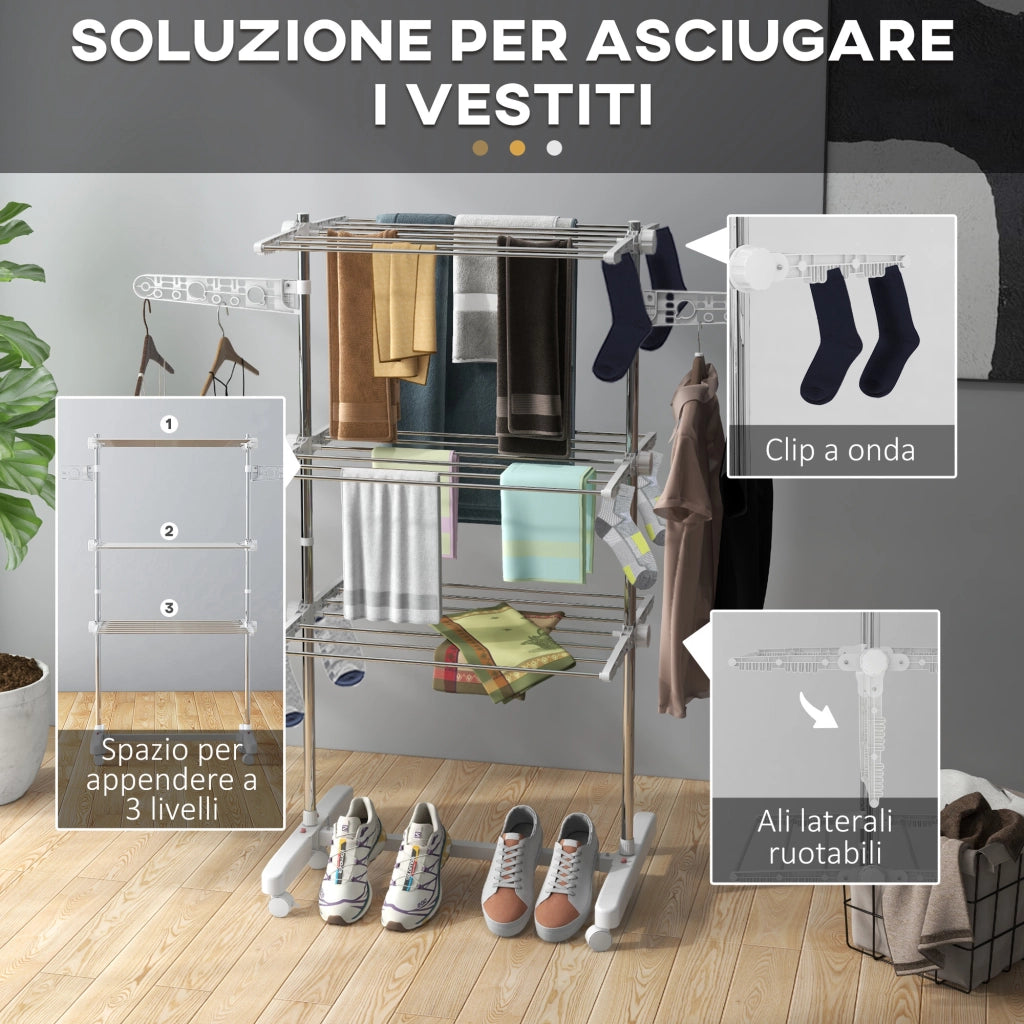 Stendino Pieghevole in Acciaio con 6 Ruote e 3 Ripiani Regolabili ¨C Zephmum ¨C 142x55x172 cm