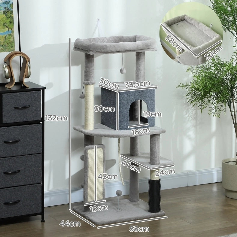 Tiragraffi per gatti 132 cm grigio chiaro con cuccia e piattaforme