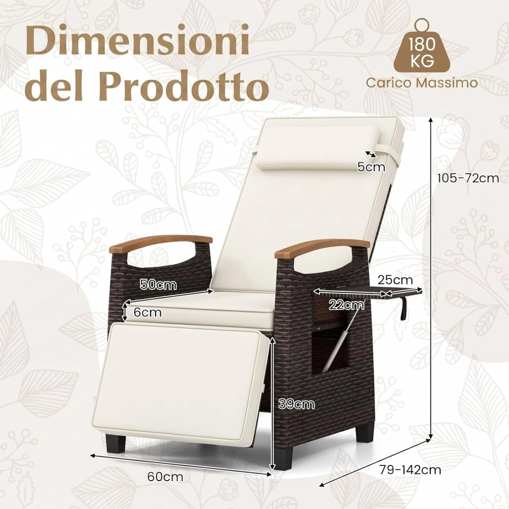 Poltrona Reclinabile da Giardino, Sedia Relax Esterno in Rattan con Schienale Regolabile a 150°, Poggiapiedi e Tavolino Pieghevole, Portata 180 kg, per Patio, Cortile e Terrazzo (Bianco,1)