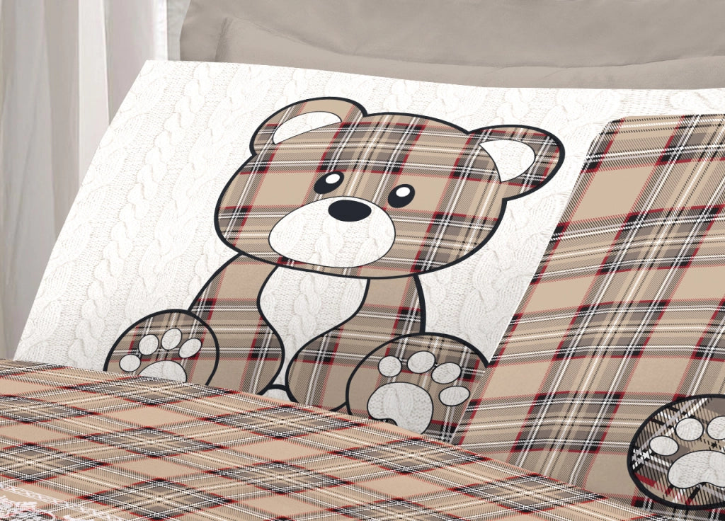 Completo Lenzuola Linea Pensieri Delicati 100% Cotone Disegno Orsetto Tartan - Singolo - Beige