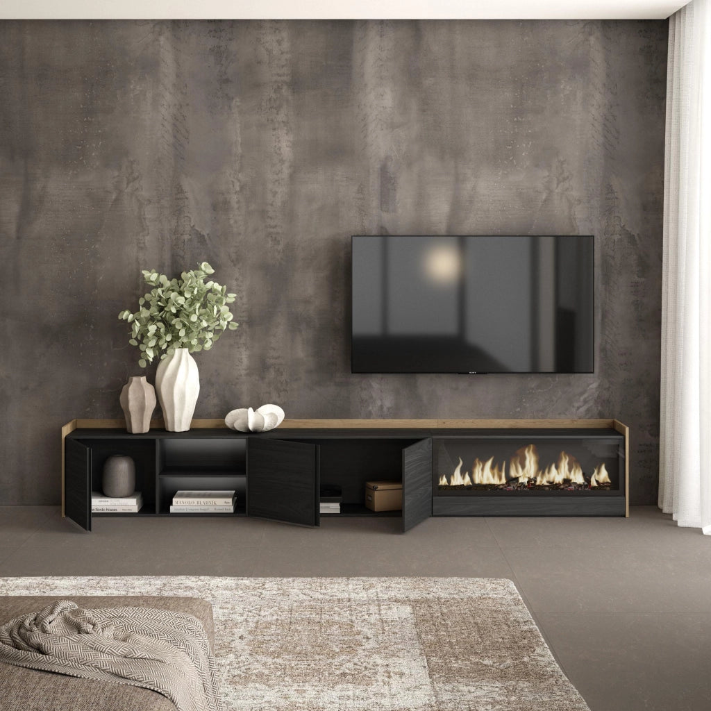 Mobile TV Soggiorno, 315x50x35 cm, Per TV fino a 80", Camino elettrico XXL, LED, Nero e rovere