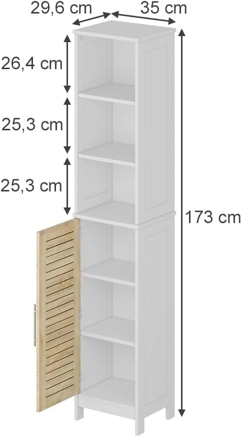Armadio per il bagno Looma, Bianco/quercia, 35 x 173 cm con 6 scomparti, utilizzabile come armadio sovrapponibile per lavatrice o WC
