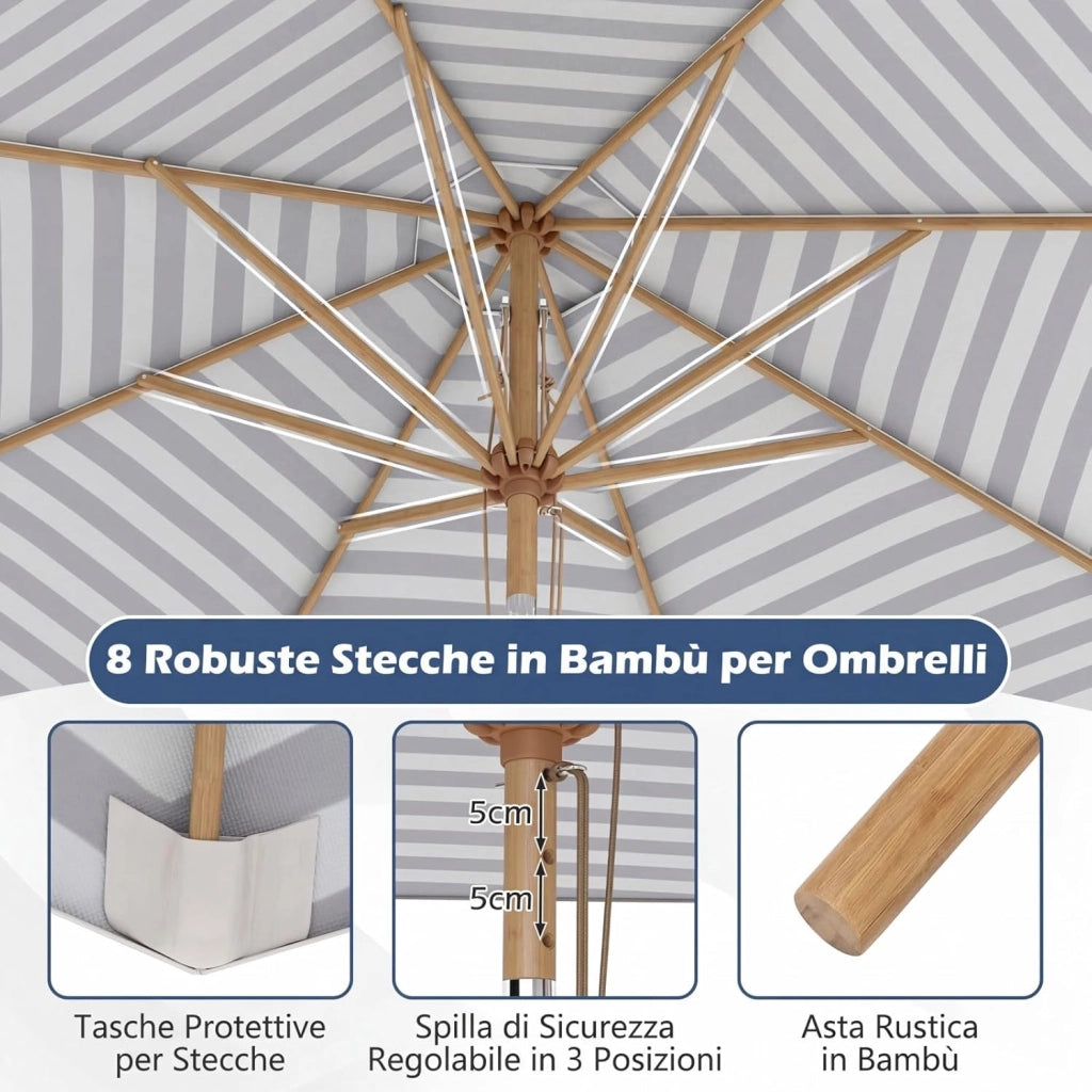 Ombrellone da Giardino 280 cm, Ombrellone Inclinazione Regolabile a 30°, con 8 Stecche, per Spiaggia Piscina Cortile (Binaco+Blu)