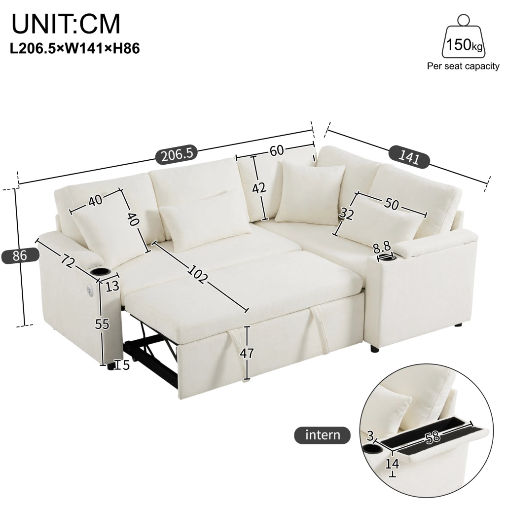 Divano angolare convertibile con chaise longue fissa; vano contenitore; portabicchieri e porta usb per soggiorno; beige; 206;5 Ã— 141 Ã— 86 cm