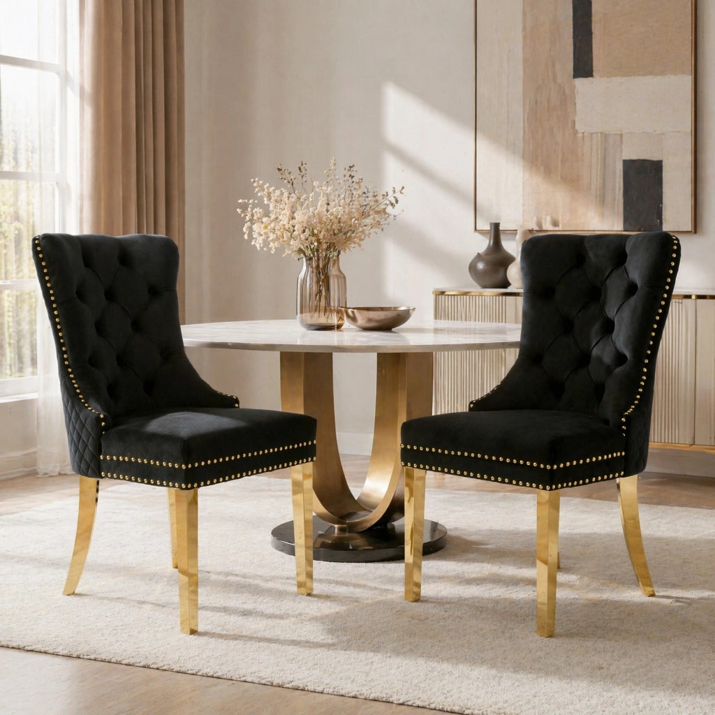 Set di 2 Sedie da Pranzo; con Anello sullo Schienale e Borchie Decorative; Acciaio Inox Dorato e Velluto; Nero