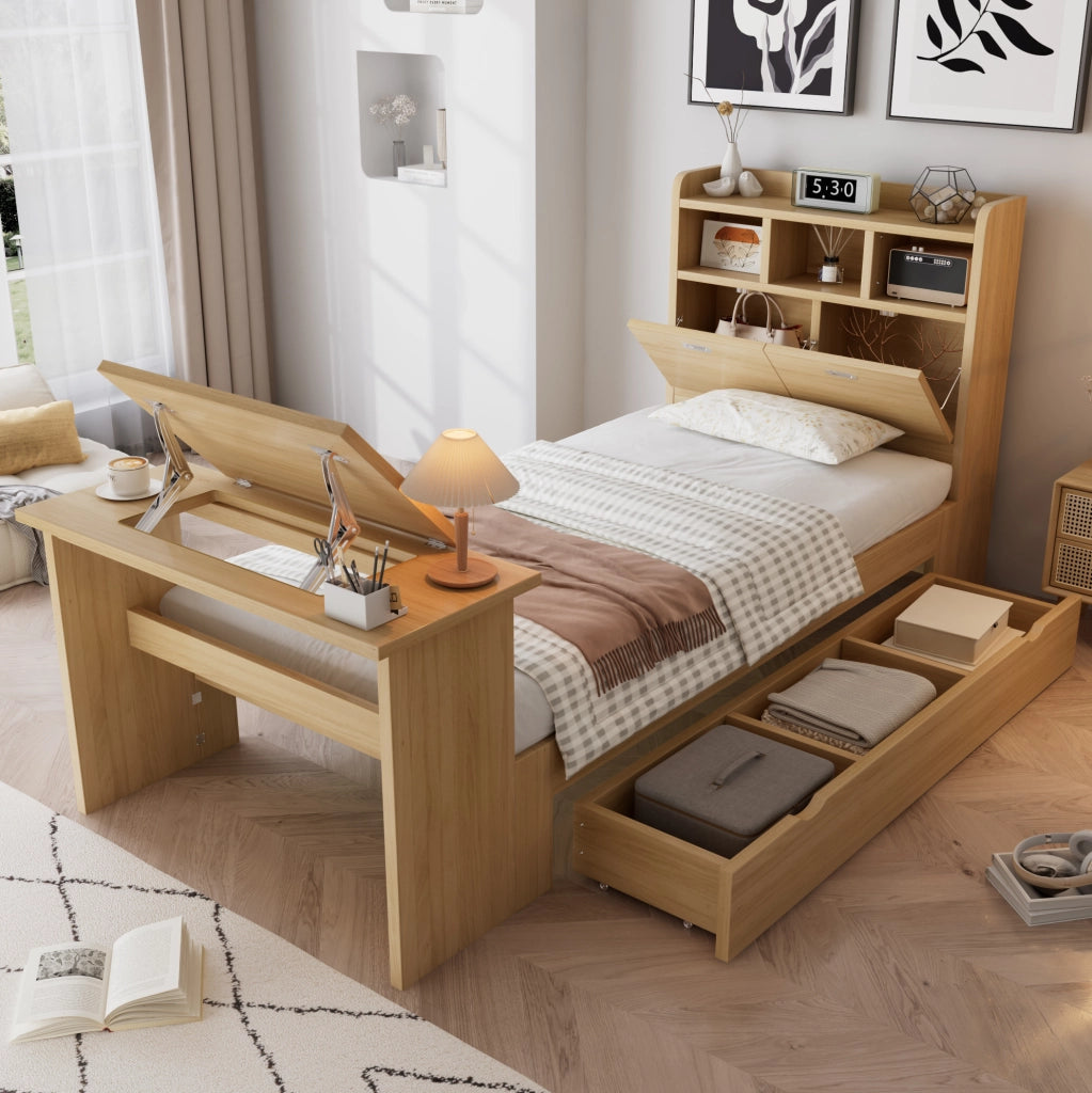 Letto a soppalco gaming 140x200 cm bianco salvaspazio con scrivania, porta tastiera, ripiani, LED 7 colori e ricarica USB, per camera ragazzi
