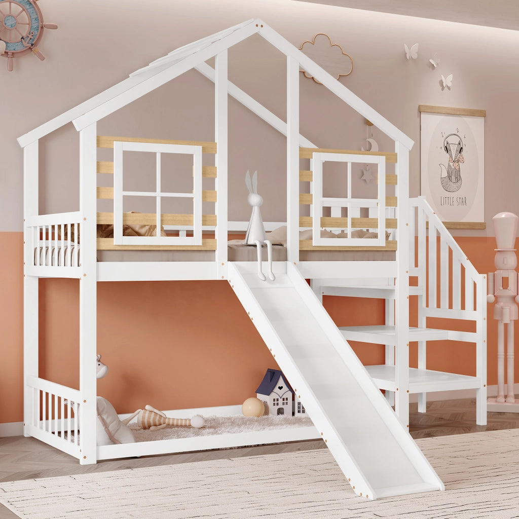 Letto a Castello 90x200 cm; Letto 2 Posti - Con Scala; Scivolo e Finestre - Bianco