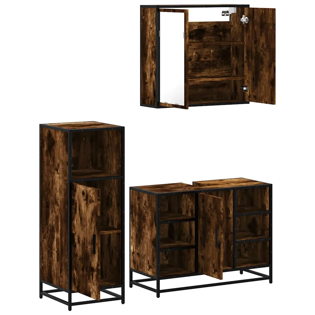Set Mobili da Bagno 3 pz Rovere Fumo in Legno Multistrato