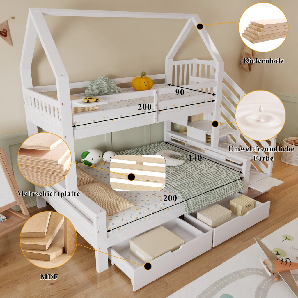 OKWISH Letto a Castello 90×200 cm e 140×200 cm, Letto 3 Posti con 2 Cassetti, Scala Contenitore e Spondine, senza Materasso, Bianco