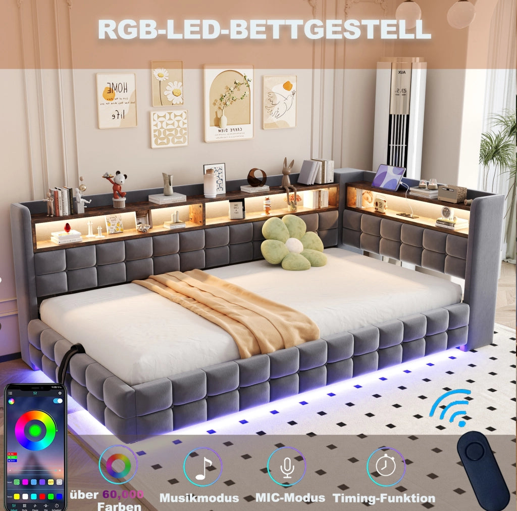 Letto imbottito multifunzione 90x200 cm con contenitore; LED; USB e presa; grigio