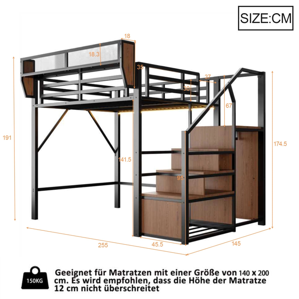 Letto a soppalco 140 × 200 cm con LED, scala di sicurezza e ripiano regolabile, senza materasso, metallo nero