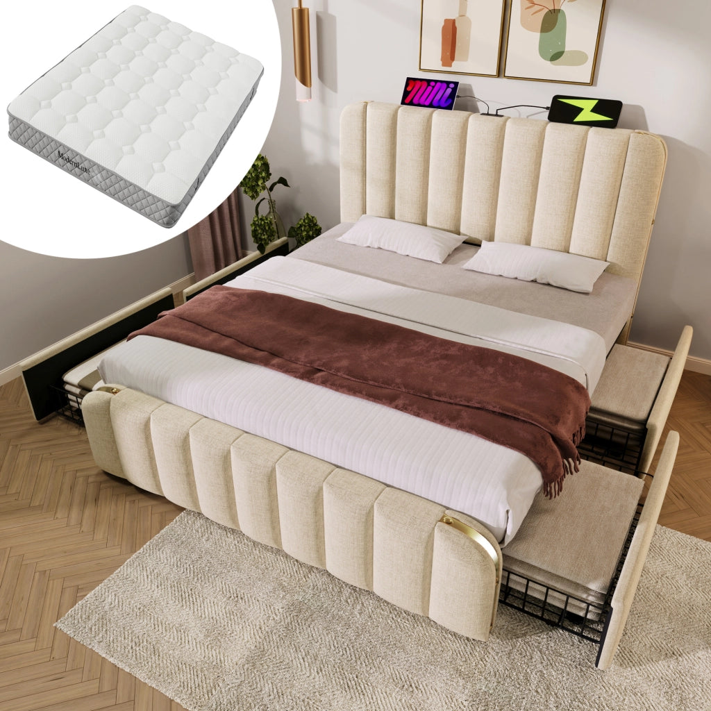 Letto matrimoniale imbottito 160x200 cm in lino beige con 4 cassetti; USB e materasso