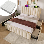 Letto matrimoniale imbottito 160x200 cm in lino beige con 4 cassetti; USB e materasso
