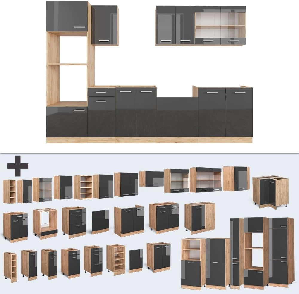 Cucina componibile R-Line, Antracite lucido/oro power oak, 300 cm con armadio alto, PL Marmo, per l'espansione personalizzata tramite moduli aggiuntivi compatibili