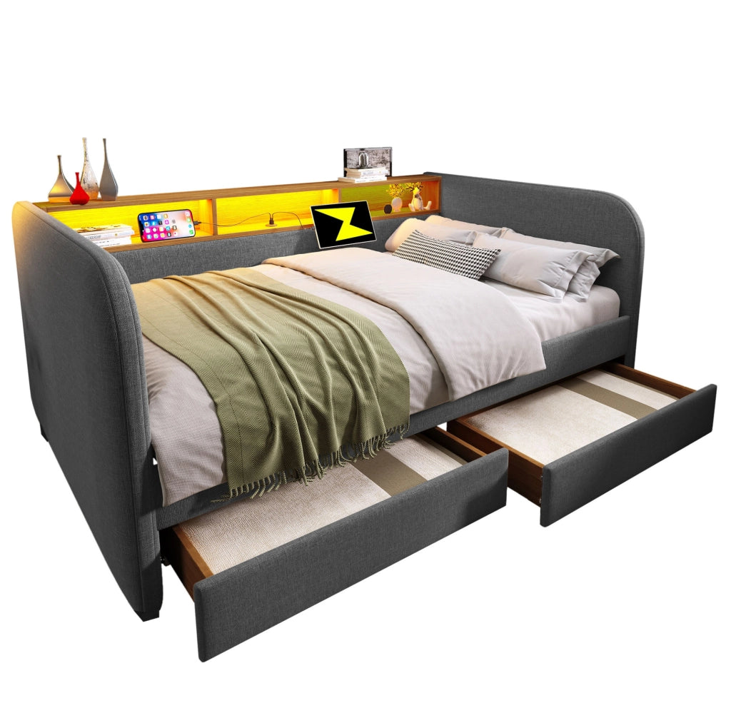 Letto imbottito con 2 cassetti; testiera con LED e USB-C; 140x190 cm; grigio