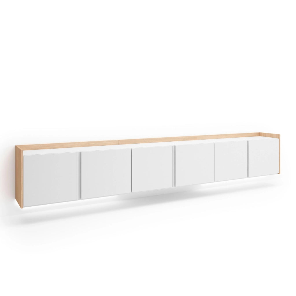Mobile TV Soggiorno, 309x50x35 cm, Per TV fino a 80", Sospeso, da appendere, LED, Bianco e Rovere soft