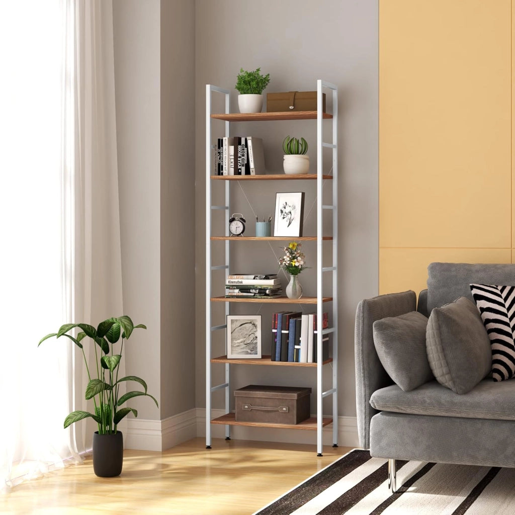 Scaffale per Libri a 6 Piani, Libreria in piedi con Struttura in Metallo per Soggiorno/Camera da Letto/Studio, 60x27,5x180cm, Rovere Chiaro+Bianco, RGB9307whe