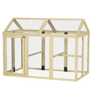 RECINTO PER GALLINE ALL'APERTO IN LEGNO CON PORTE MULTIPLE E RETE IN METALLO, 140X88.5X106 CM, COLOR LEGNO