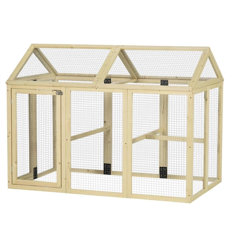RECINTO PER GALLINE ALL'APERTO IN LEGNO CON PORTE MULTIPLE E RETE IN METALLO, 140X88.5X106 CM, COLOR LEGNO
