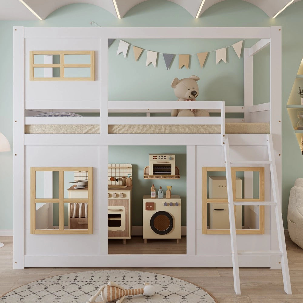 Letto a Castello per Bambini con Finestra e Scaletta ¨C MINIMAL ¨C Pino/MDF/Multistrato, Bianco, 90x200