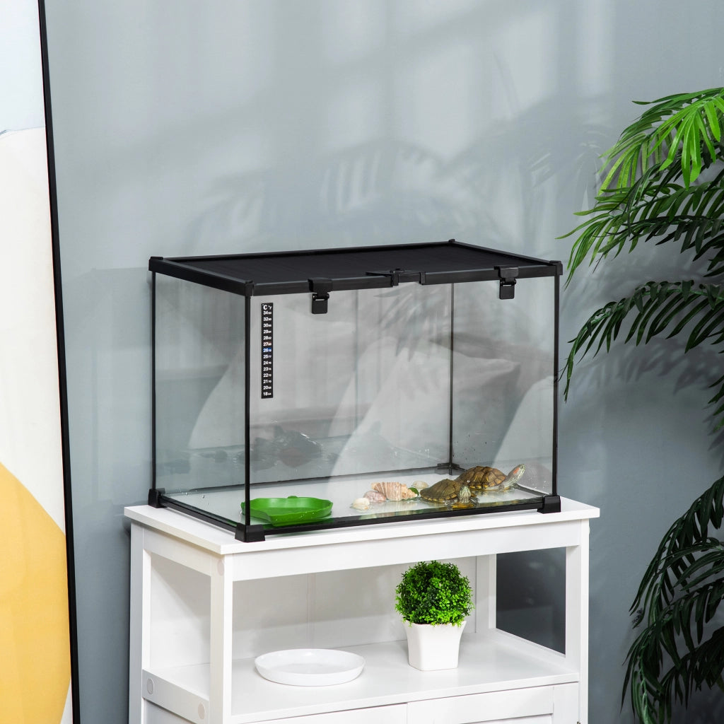 Terrario per Rettili Coperchio Scorrevole con Griglia Metallica e Termometro 50x30x35 cm in Vetro e Metallo Nero