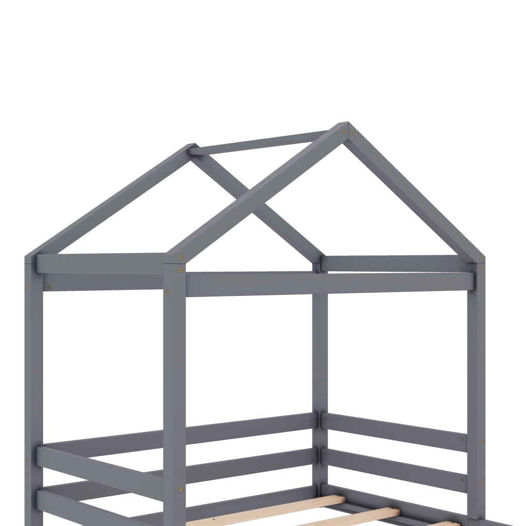 OKWISH Letto a Casetta 140×200 cm, Letto Matrimoniale con Rete a Doghe, senza Materasso, in Pino e MDF, Grigio
