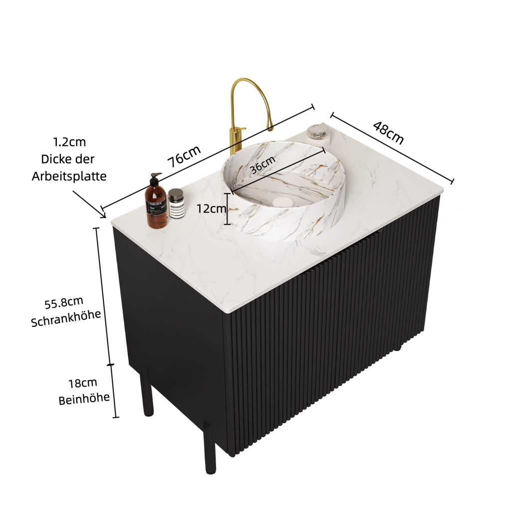 Mobile sottolavabo con lavabo in ceramica e 2 ante soft-close, per bagno, in MDF e pietra sinterizzata, 76 × 48 × 87 cm